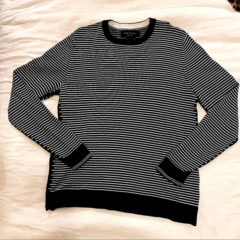 Rag & Bone Navy and White Stripe Crewneck Knit Long Sleeve Pullover Sweater